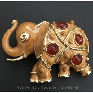 vintage Capri elephant brooch, gold-tone tan enamel red cabochons